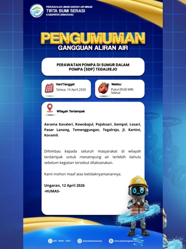 Pengumuman Gangguan Aliran AirPerawatan Pompa di Sumur Dalam Pompa (SDP) Tegalrejo